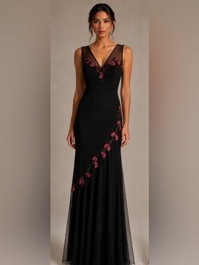 Xscape Black Maxi Dress with Pink Floral Embroidery